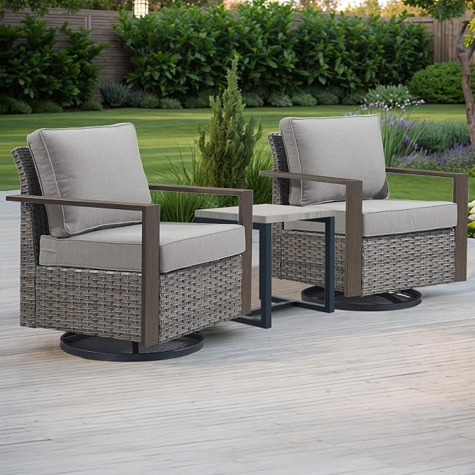 Outdoor Patio Swivel Rocker Chairs - 3 Piece Wicker Patio Furniture Bistro Set with 2 Swivel Rocking Chairs and 1 Metal Side Table,Thick Cushions,Deep Seating for Deck Porch Garden(Mixed Grey/Grey)