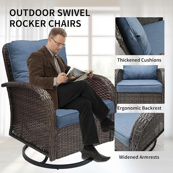 YLGJ&TIDY Outdoor Furniture Swivel Rocker Chairs 3PC Bistro Set 2 Brown Wicker Patio Glider Armchairs with Side Table Cushions Rocking Sofa for Porch Balcony Backyard Deck (Blue, 3PCS Swivel/Table)