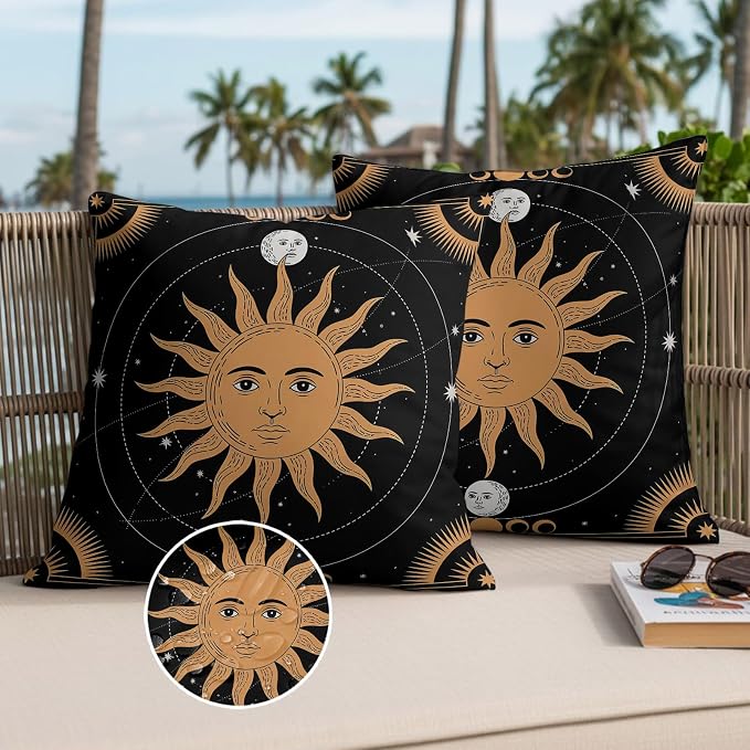 Celestial Sun and Moon Waterproof Outdoor Pillow Covers Set of 2 Home Decor, Black Sky Gold Star Boho Pillowcase Patio Pillow Covers for Couch Bench Patio Furniture Garden 26x26in