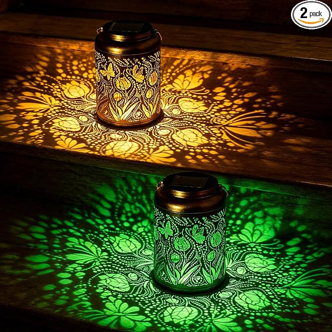 2 Pack Waterproof Butterfly Solar Lantern Outdoor Hanging Garden Light | Colorful LED metal Butterfly lantern; durable, waterproof outdoor decor perfect for patio, yard, or as a gift for women