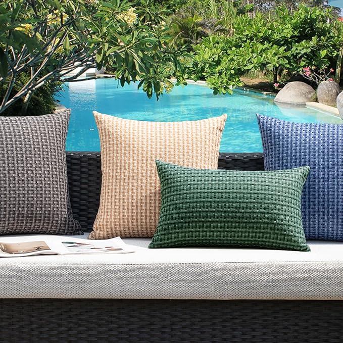 Kevin Textile Outdoor Waterproof 24"x24" Pillow Covers 2 Pack, Dark Green | Water Resistant Weaving Faux Linen Texture Throw Pillow Covers, Outside Decorative Pillowcases for Garden Patio Balcony Couch