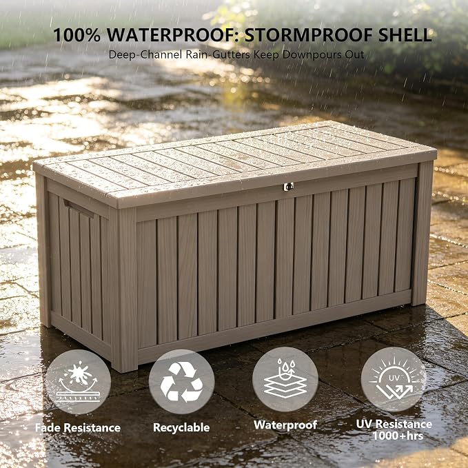 Outdoor Storage Box, 150 Gallon Waterproof Deck Box [Upgraded 3.0], Piston-Assisted Resin Trunk for Sectional Sofa Cushions, High-Capacity Lockable Double Storage Bench, Patio Lounge, Grey