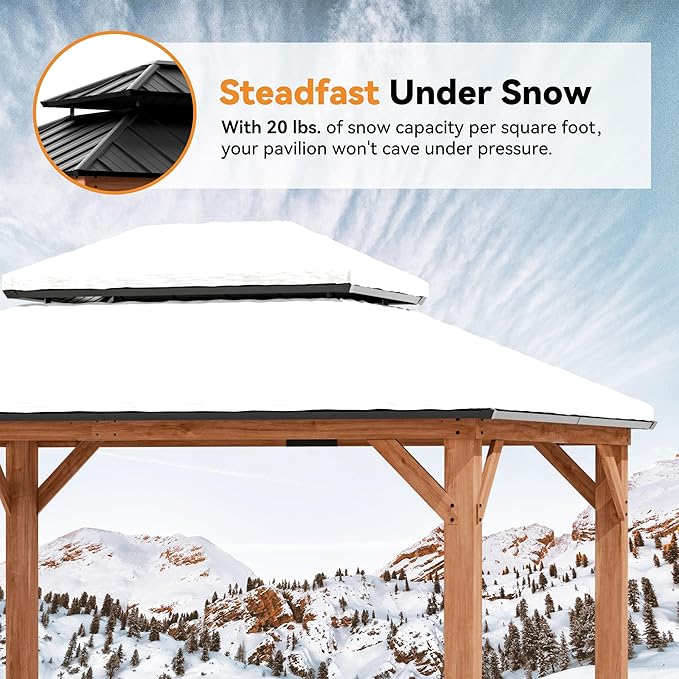 Modern Shade Rosewood Wood Gazebo 10' x 12', Permanent Hardtop Gazebo with Double Galvanized Steel Roof, Mosquito Netting and Yard-Dyed Curtains, Cedar Outdoor Gazebo with Sturdy Hooks for Backyard