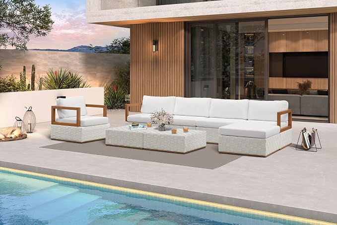 PURPLE LEAF Patio Outdoor Furniture Set 8 Pieces, Premium Leather Outdoor Couch Sectional Sofa, L-Shaped Patio Conversation Sets with Olefin Cushions, Patio Couch for Porch, Balcony, Garden, White