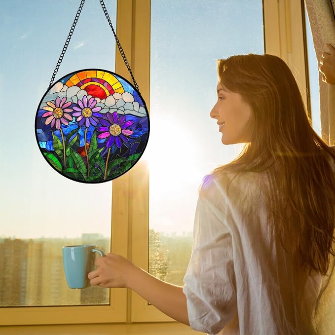 DASTOLL Stained Glass Window Hanging, Butterfly and Sunflowers Sun Catchers Glass Panel Plant Insects Suncatcher Decor for Birthday for Women, Men, Wife, Aunt, and Mom 6.3 in