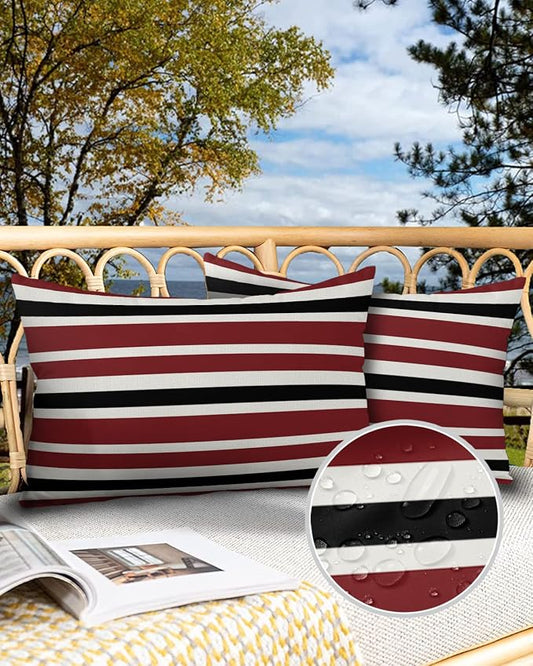 Outdoor Waterproof Pillow Covers for Patio Furniture Red Black and White Stripes Decorative Throw Pillow Cover Farmhouse Stripe Pillowcases Set of 2 Cushion Case for Sofa Couch Chair 20 x 12 In