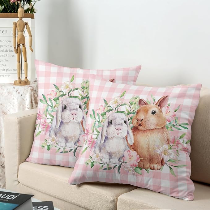 Spring Easter Pillow Covers 18x18 Pack of 2 Lovely Rabbit with Lily Flower Throw Pillow Covers Pink Plaid Bunny Pillow Case for Spring Easter Decoration Sofa Patio Garden