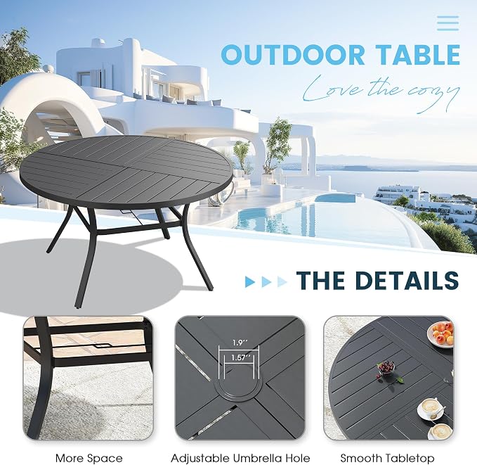 7 Pieces Patio Furniture Dining Set, 6 Textilene Swivel Dining Chairs, 53" Outdoor Round Metal Table with 1.57" Umbrella Hole, Outdoor Dining Set for Porch, Lawn, Garden, Black/Blue