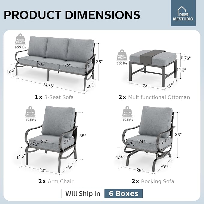 MFSTUDIO 7 Pieces Metal Patio Furniture Sets, 2 Swivel Chairs, 3-Seat Deep Seating Sofa, 2 Single Couch and 2 Ottoman, All Weather 9 Seats Outdoor Conversation Set for Garden Backyard, Grey Cushion