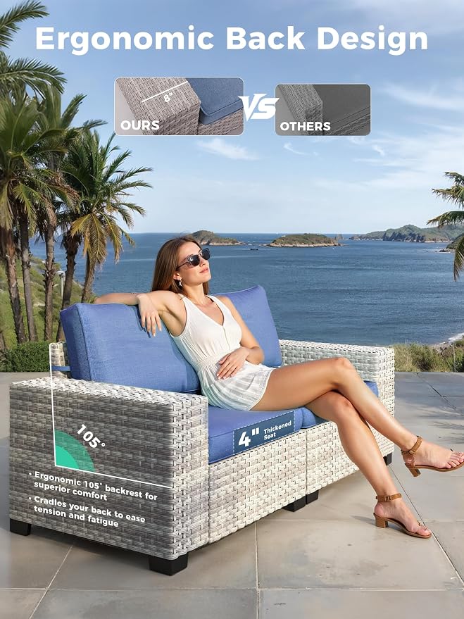 12 Piece Outdoor Wicker Sectional Sofa Set, 10-Seats Patio Furniture Conversation Set with 4" Thickened Cushions & Coffee Table, All-Weather PE Rattan for Garden, Backyard, Porch, Blue