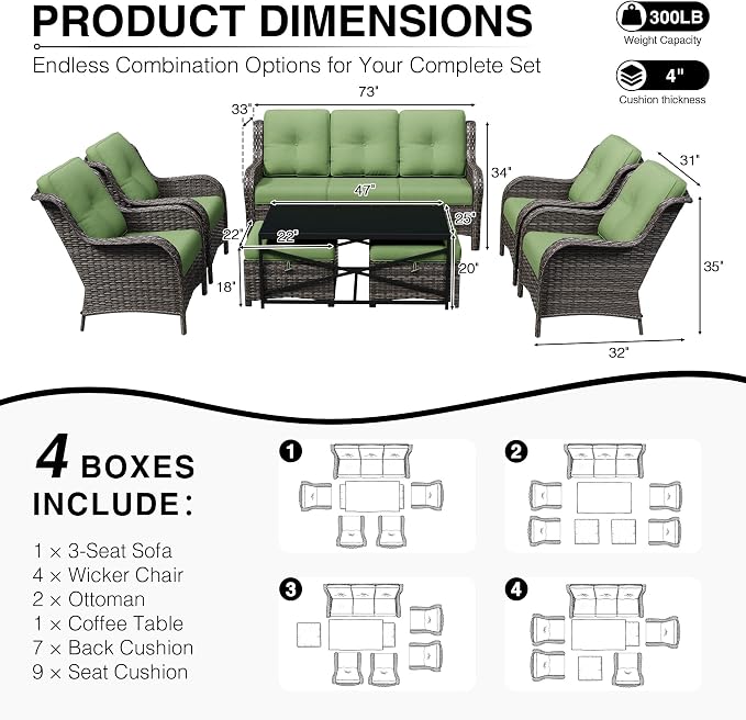 Joyside 8 Piece Wicker Patio Furniture Set, Rattan Patio Chairs with High Back, Deep Seating, Wide Armrest, Thickened Cushions, Outdoor Furniture for Deck, Porch Use