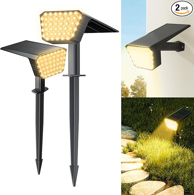 Solar Spot Lights Outdoor, IP65 Waterproof 44 LED Landscape Spotlights, Solar Powered Spotlight with Auto On/Off and 3 Lighting Modes for Outside Garden Decor, 2 Pack (Warm White)