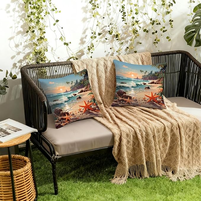 18x18 Inch Outdoor Pillow Covers Set of 2 Waterproof Throw Pillow Covers Decorative Couch Cushion Covers Beach Seaside Starfish Square Pillowcases Protectors for Patio Garden Sofa