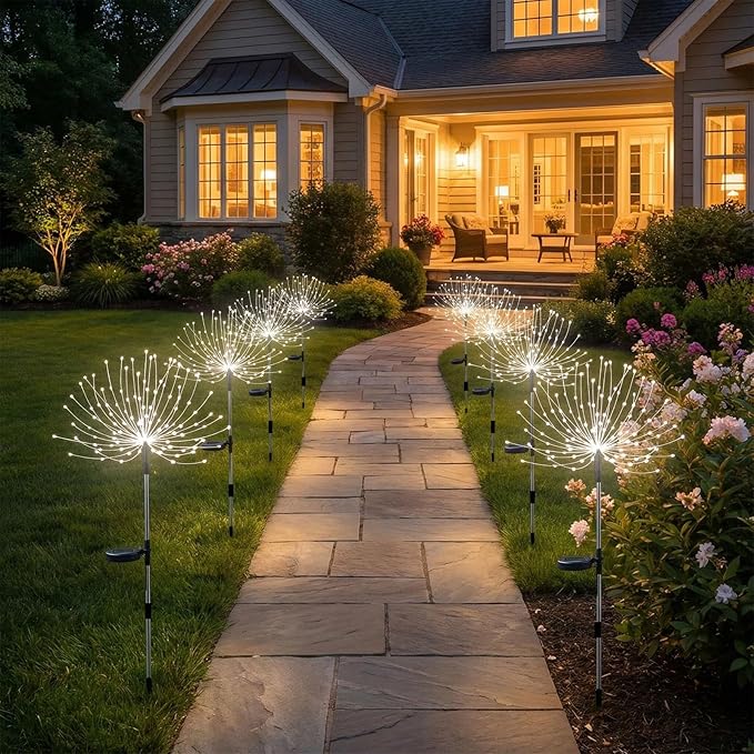 Solar Firework Lights Outdoor, 200 LED Starburst Garden Lights, Adjustable Height 2/3-Rod up to 51in, Stainless Steel, 2 Lighting Modes, IP65 Waterproof Pathway Light for Yard Patio Lawn