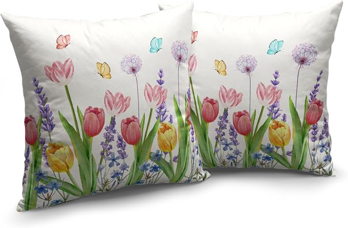 Summer Pillow Covers Pink Tulip Floral Throw Pillow Case 20x20 Lavender Dandelion with Butterflies Pillow Protectors Set of 2 for Farmhouse Garden Patio Living Room