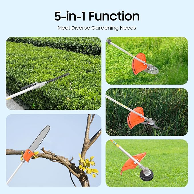 2-Stroke 52CC Gas Weed Eater, 5-in-1 Multi-Functional Trimming Tools with Long Reach Extension Pole, Brush Cutter Hedge Trimmer Chainsaw Grass Strimmer for Yard Garden Lawn and Shrub Pruning