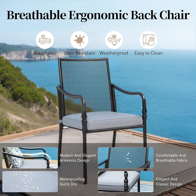 SUNSHINE VALLEY Patio Table and Chairs Set of 8, All-Weather Breathable Metal Mesh Patio Chair with Gourd-Shaped Armrests, 83x39 Rectangle Table with Umbrella Hole, 9 Pcs Metal Frame Patio Dining Set