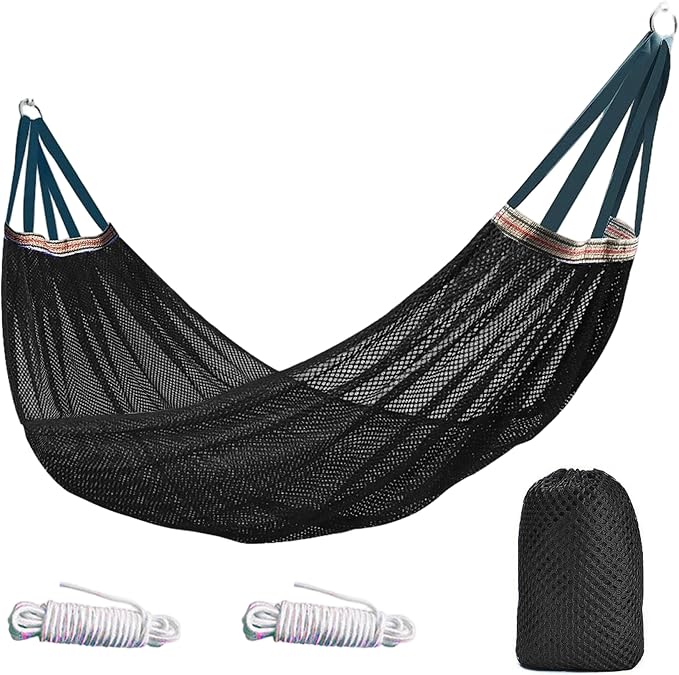 Lightweight Portable Anti-Roll Breathable Mesh Camping Hammock 102.36x51.18in with Tree Straps & Carry Bag, Black, No Stand Included