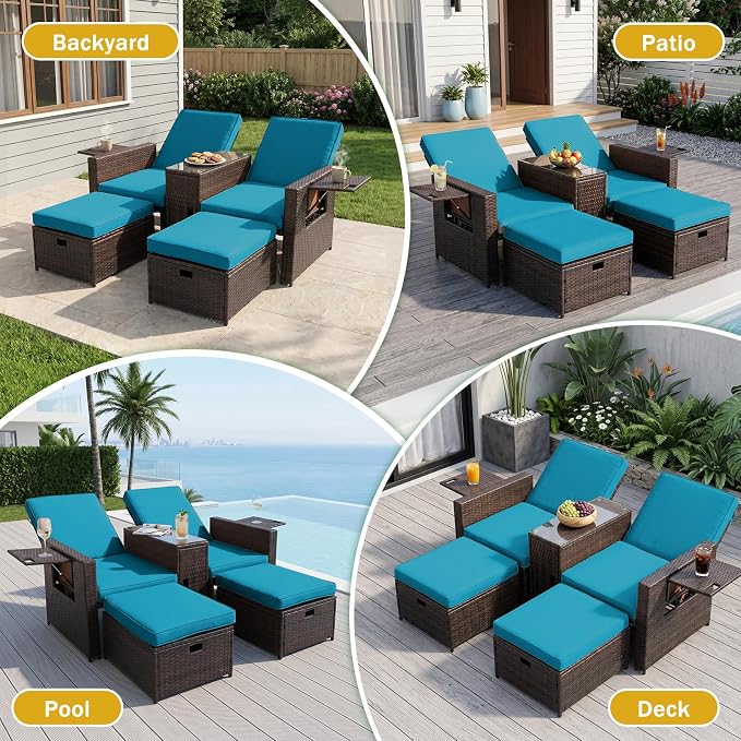 LVUYOYO 5 Piece Patio Furniture Set, Patio Wicker Conversation Set with Ottoman, Outdoor Chaise Lounge Chair with Side Table & Adjustable Backrest for Pool Backyard Garden (Brown Wicker Green Cushion)