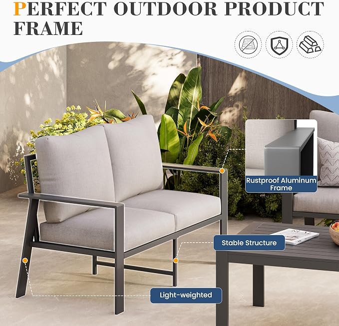 Aluminum Patio Conversation Sets All-Weather Sectional Outdoor Furniture Set with Coffee Table & Cushions with Removable Covers for for Backyard, Garden and Poolside Easy Assembly(Beige)