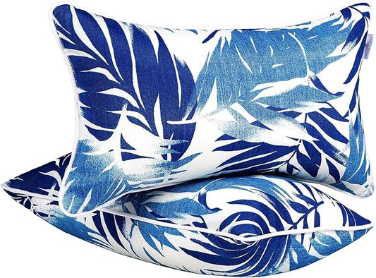 JMGBird Outdoor Lumbar Pillows Weather Resistant 12x20 Outdoor Pillow | Blue Leaf Pattern UV Fade Resistant,outdoor pillows waterproof,throw pillows with inserts included