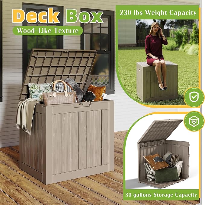 EasyUp 30 Gallon Outdoor Storage Box Waterproof, UV Resistant Outdoor Deck Box, Resin Deck Boxes for Garden Tools Equipment, Gray