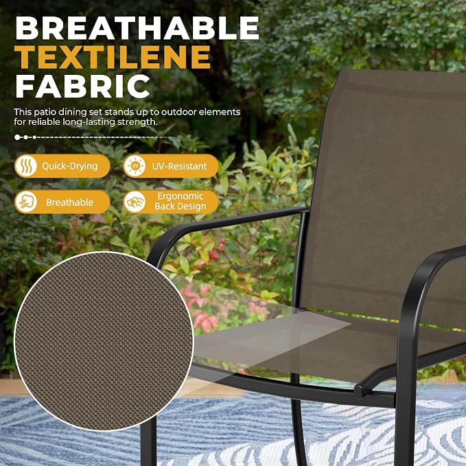 Incbruce 6 PCS Patio Dining Set with Brown Umbrella, Outdoor Dining Set of 4 Textilene Chairs and 41" Round Table with Umbrella Hole for Backyard, Garden, and Poolside (Brown)