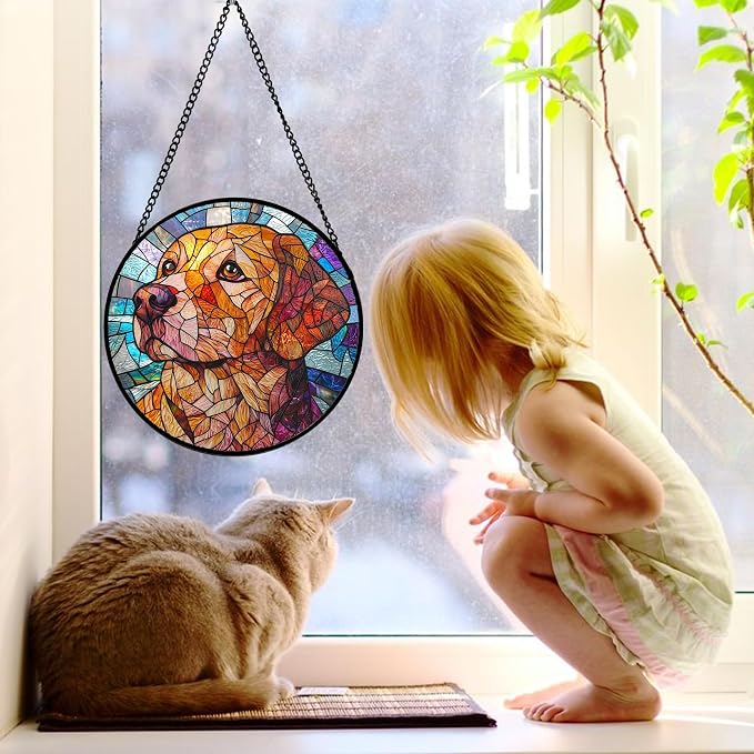 DASTOLL Stained Glass Window Hanging, Cute Dog Abstract Sun Catchers Colorful Glass Panel Texture Suncatcher Decor for Birthday for Women, Men, Wife, Aunt, and Mom 11.8x11.8 in