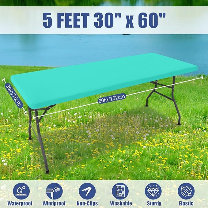 Moosfor Spandex 5 Foot Rectangle Table Cloth 2 Pack, Elastic Fitted Tablecloths for Picnic, Stretch Washable Patio Table Cover for Outdoor, Camping, Banquet and Parties(Aqua Blue, 30"x60")