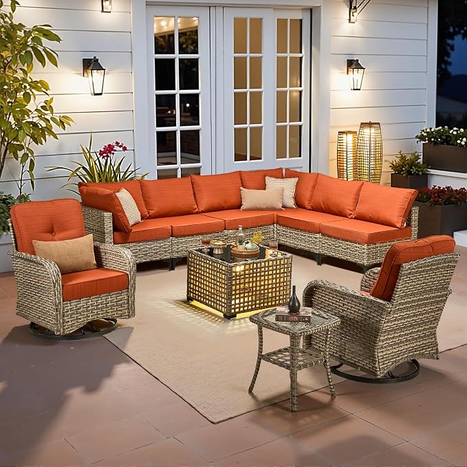 CAODOC Outdoor Sectional Patio Furniture Set,10 Pieces Wicker Conversation Sets L Shaped Couch,Out Door Sofa Outside Furniture with Swivel Chairs,Red-Striped