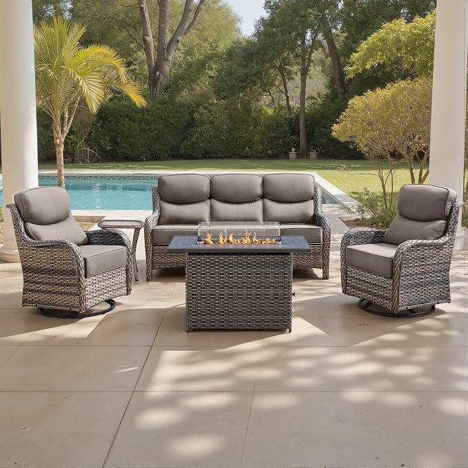 Belord Luxury 6" Thick Cushioned 5 Pieces Patio Furniture Set with Fire Pit Table, Wicker Outdoor Conversation Set with High Back Swivel Rocker Chairs for Deck Porch Yard and Poolside - Grey+Grey