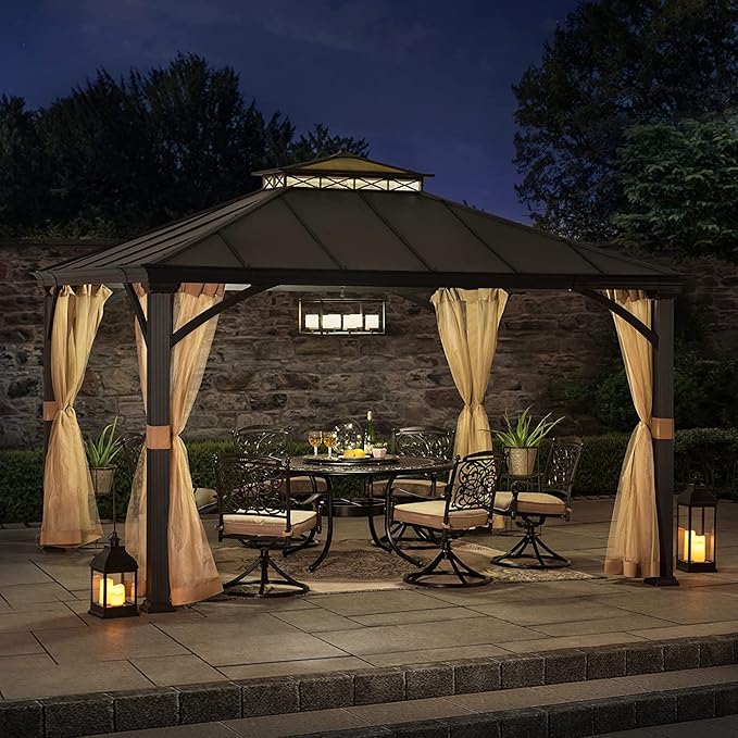 Sunjoy Hardtop Gazebo 11 x 13 ft. Outdoor Patio Black Anti-Rust Aluminum Frame, Double Tiered Gazebo with Ceiling Hook and Mesh Netting, Black