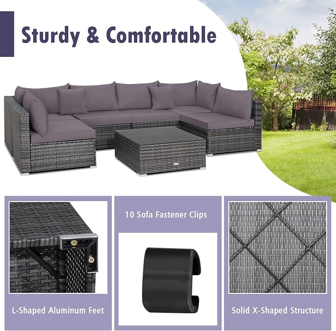 DORTALA 7 Pieces PE Rattan Patio Furniture Set, All-Weather Wicker Conversation Set W/Soft Cushions & Pillows, Coffee Table, Outdoor Sectional Sofa Set for Balcony, Poolside, Backyard, Grey