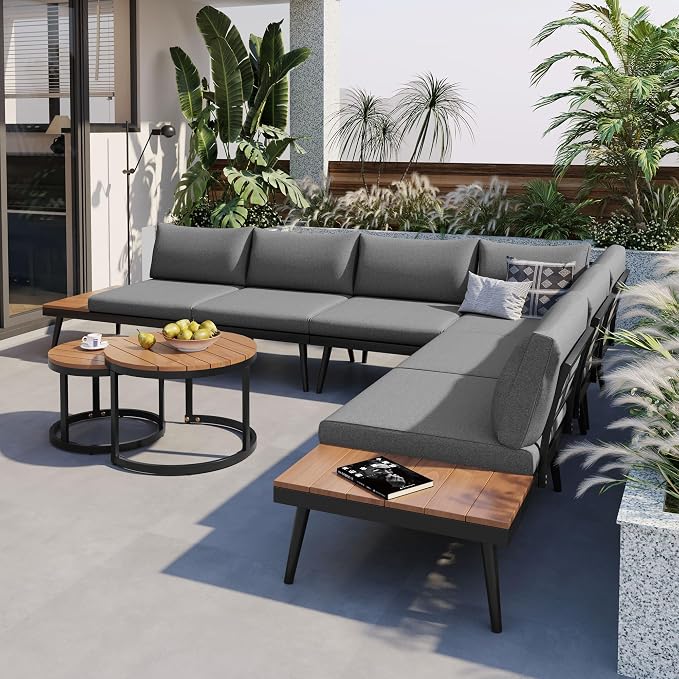 6-Piece Metal Outdoor Sectional Sofa Set with Round Nesting Coffee Tables, L-Shaped Patio Furniture Set Seating Sofa with Cushions for Patio, Porch and Garden, Gray