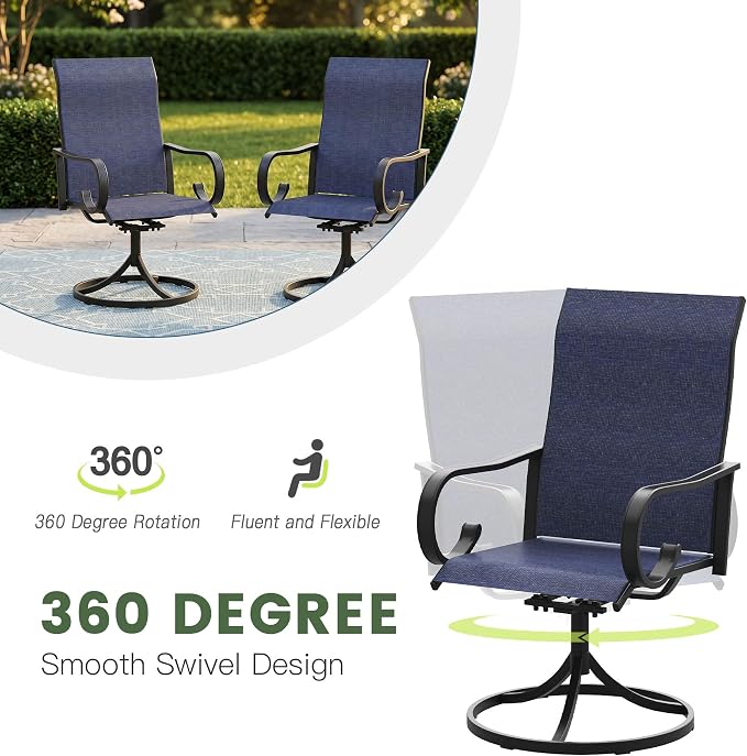 3 Pieces Patio Dining Set, 2 Outdoor Swivel Dining Chairs with 18.5" Round Outdoor Dining Table, All Weather Textilene Patio Chairs and Metal Table for Garden Backyard, Dark Blue & Black
