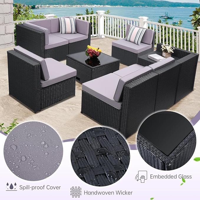 8-Piece Outdoor Wicker Patio Furniture Set with Glass Top Table Featuring Hidden Storage for Backyard, Garden, Deck, or Porch(Gray)