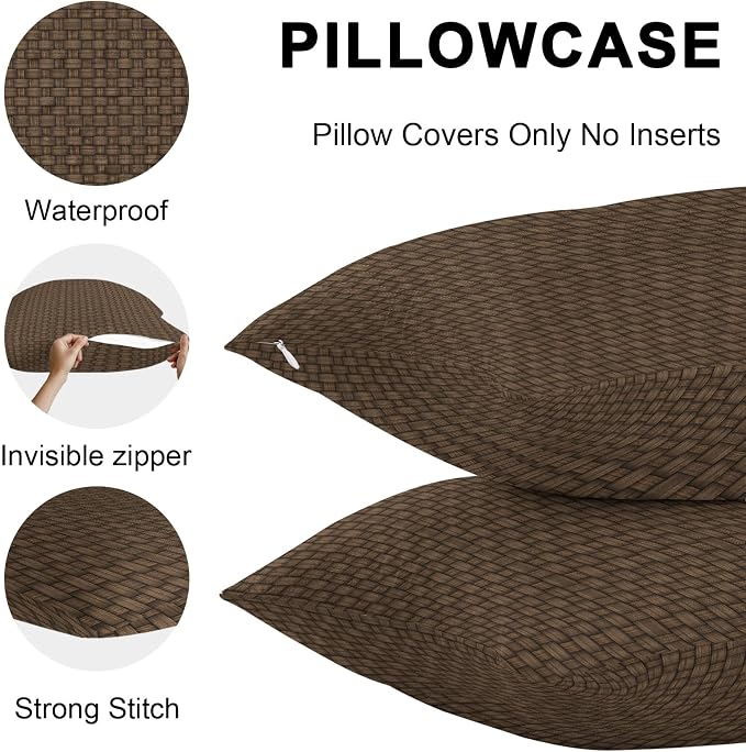 Dark Brown Rattan Outdoor Pillow Covers 20x20 Inch Throw Pillow Covers Set of 2 Waterproof Decorative Pillow Cases Vintage Abstract Wicker Texture Cushion Covers for Patio Furniture Garden Couch Sofa