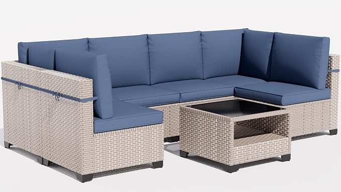 11 Pieces Patio Furniture Set, Outdoor Sectional Wicker Sofa with Thick Cushions and Storage Coffee Table, Rattan Patio Conversation Sets for Deck Garden Poolside, Navy