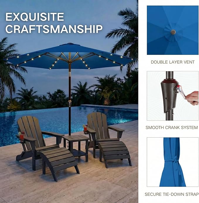 Kingdura 10FT Outdoor Patio Umbrella with Solar Lights, Market Table Umbrella with Push Button Tilt & Crank, 8 Sturdy Ribs, 32 LED Lights, UV Protection for Garden Lawn Deck Backyard Pool (Royal blue)