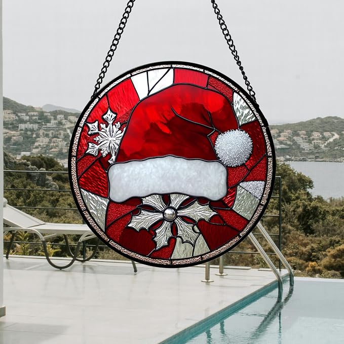 DASTOLL Stained Glass Window Hanging 4 Pcs Set Red Christmas Decorations Theme 7.8" - Suncatcher Door Garden Sun Catcher Decor Birthday for Mom Woman Nana Men Friend Wife