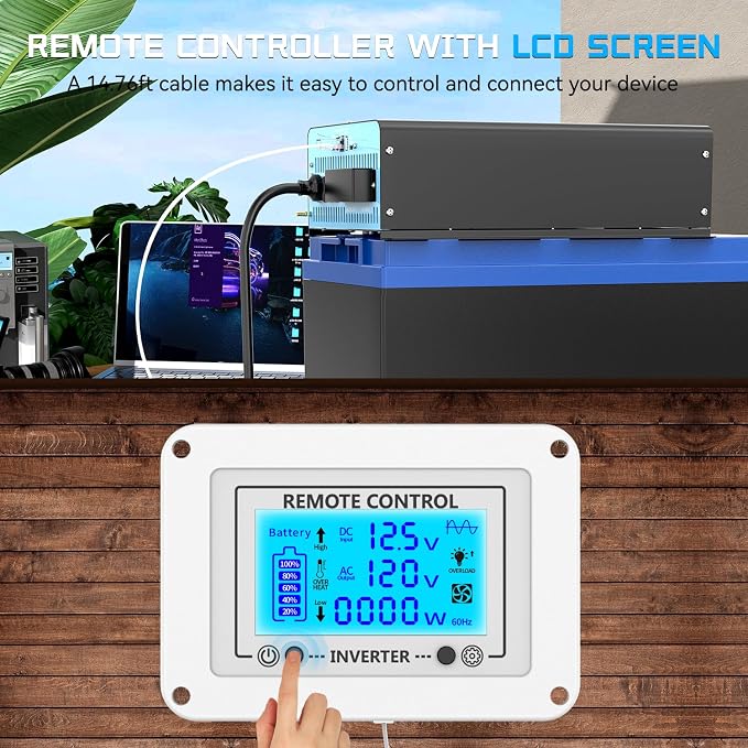 3500W Pure Sine Wave Power Inverter with Transfer Switch, 12V DC to 120V AC Converter, 7000W Peak, Auto Switch to Shore Power, Remote LCD Controller, USB & Type-C for RV, Truck, Off-Grid Heavy Duty