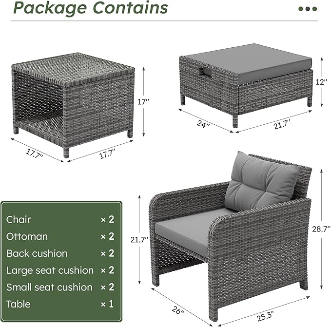 LHBcraft Outdoor Furniture 5 Piece Patio Conversation Set, PE Rattan Patio Set with Soft Cushions & Coffee Table, Outside Furniture with Hidden Ottoman for Porch, Lawn, Garden, Balcony, Grey