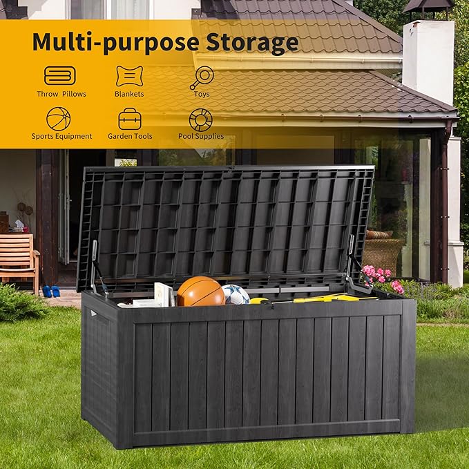 270 Gallon Outdoor Storage Box Waterproof, Lockable Resin Deck Box Large Storage Bin for Patio Furniture Cushion, Garden Tools, Pool Accessories, UV-Resistant, Black