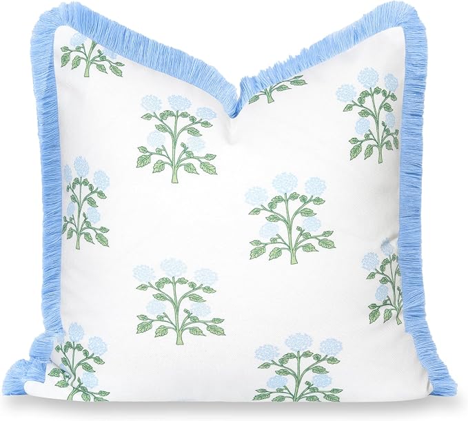 Hofdeco Premium Grandmillennial Coastal Hampton Patio Indoor Outdoor Throw Pillow Cover Only, 20"x20" Water Repellent for Backyard, Couch, Poolside, Baby Blue Green Print Hydrangea Flowers