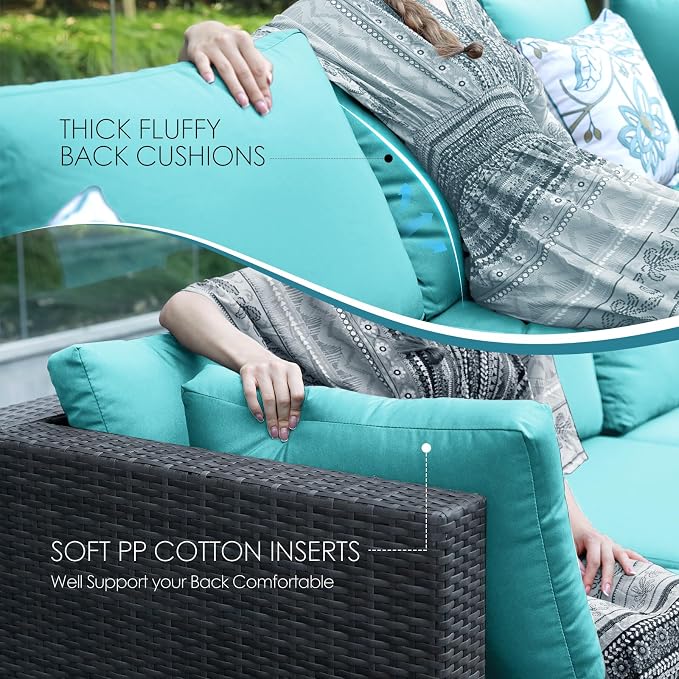 NICESOUL 13 Piece Patio Furniture w/Fireplace, Elegant Outdoor Seating w/Firepit, XL Size 29.3'' High Back Sectional Sofa, All-Weather Rattan Deck Couch, Modular Sturdy Conversation Set, Gray & Teal