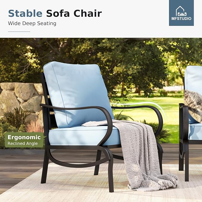 MFSTUDIO 6 Pieces Metal Patio Furniture Sets, 2 Swivel Chairs, 3-Seat Loveseat Sofa, 2 Patio Chairs & 1 Marbling Coffee Table, All Weather 7 Seats Outdoor Conversation Set for Garden Backyard, Blue