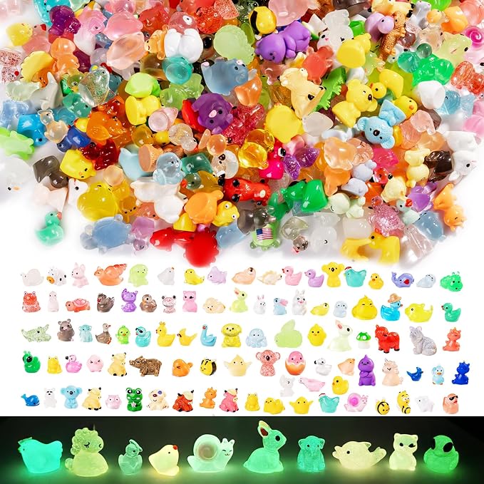300Pcs Mini Resin Animals Bulk 300 Styles Variety Tiny Animals Figure to Hide Luminous Glow in The Dark for Miniature Fairy Garden Decoration Hide Crafts Decor