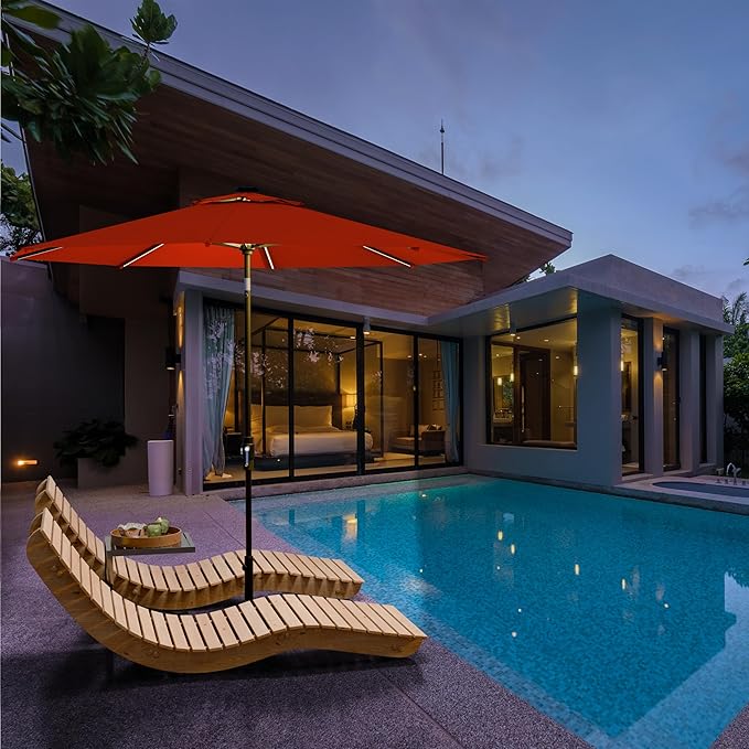 Midtown Umbrellas The LED Swilt 10 Feet Patio Umbrella With Terylast Apple (Red) Polyester Fabric - Auto-Tilt Aluminum Frame With LED Lights For Backyard, Deck, Garden, Pool - Black Pole
