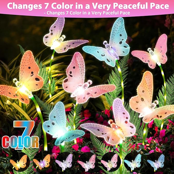 Weepong Solar Garden Lights 4 Pack Waterproof Decorative Solar Lights Outdoor with Glowing Stems,7-Color Changing ‎Fiber Optic Butterfly Light for Outside Yard Lawn Garden Decor, Gifts for Women