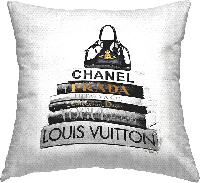 Stupell Industries | Black & White Fashion Books Stacked, 18 x 18 | Outdoor Pillow, Made in USA - By Amanda Greenwood